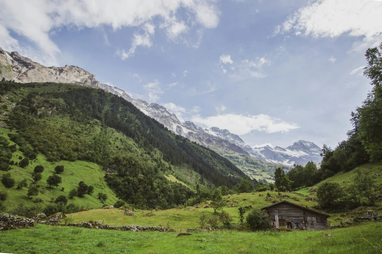 a small cabin in a field with mountains in the background, inspired by Werner Andermatt, pexels contest winner, les nabis, lush forest in valley below, glaciers, rustic, high elevation