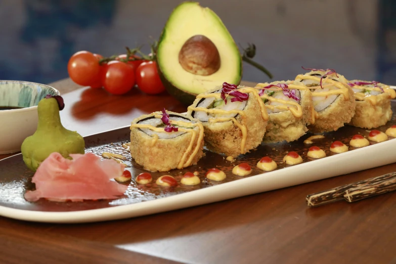 a close up of a plate of food on a table, obi strip, avacado dream, blue, stuffed