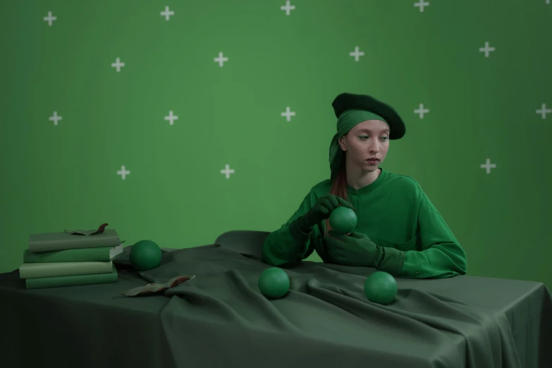 a woman sitting at a table with green balls, inspired by Georges de La Tour, pexels contest winner, berets, scene render, green clothing, julia hill