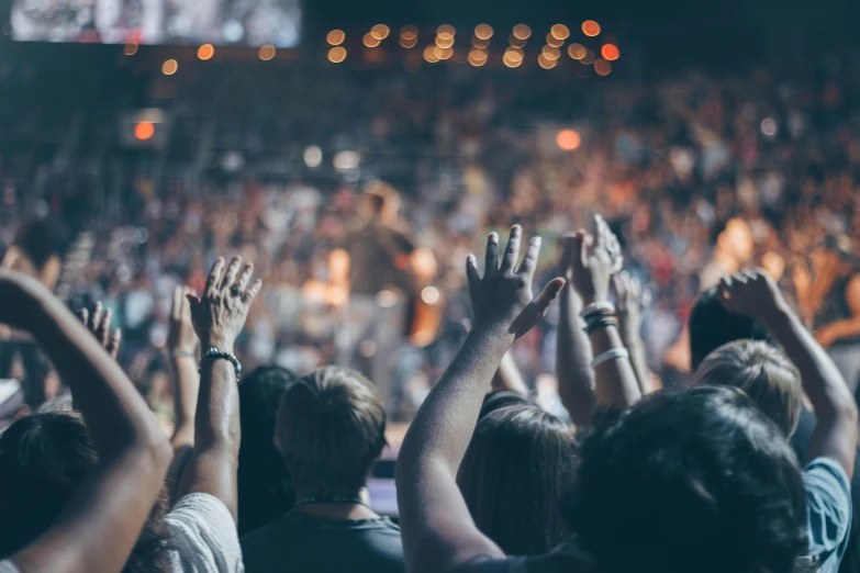 a crowd of people with their hands in the air, pexels, tabernacle deep focus, church background, instagram post, coloured