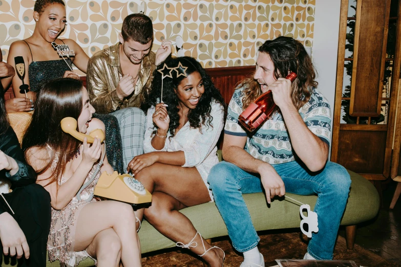 a group of people sitting on top of a couch, pexels contest winner, happening, college party, profile image, justina blakeney, promotional image