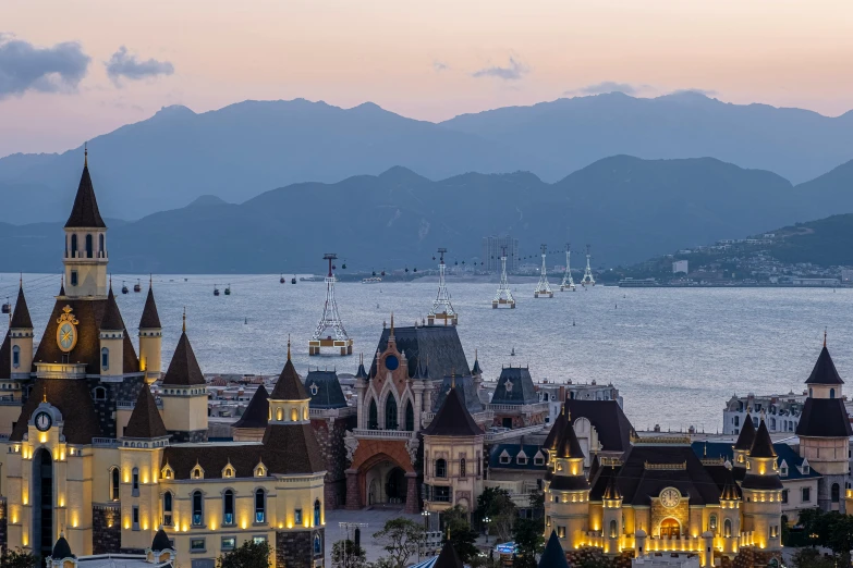 a view of a city with mountains in the background, by Daniel Lieske, pexels contest winner, art nouveau, seaside, evening lighting, chinese architecture, gigapixel maximum upscale