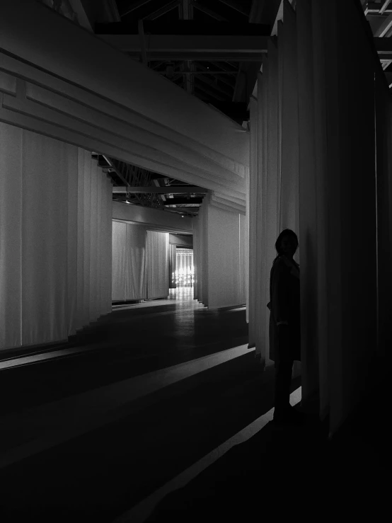 a black and white photo of a person standing in a room, inspired by Ryoji Ikeda, light and space, fully covered in drapes, cinematic. by leng jun, low light museum, volumetric lighting - n 9