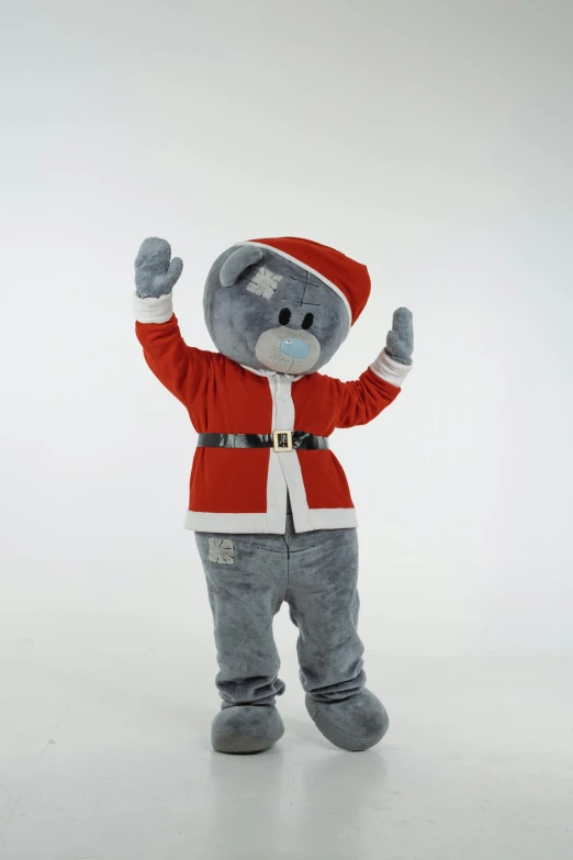 a teddy bear dressed in a santa suit, a cartoon, grey and silver, character posing, grey, aqua