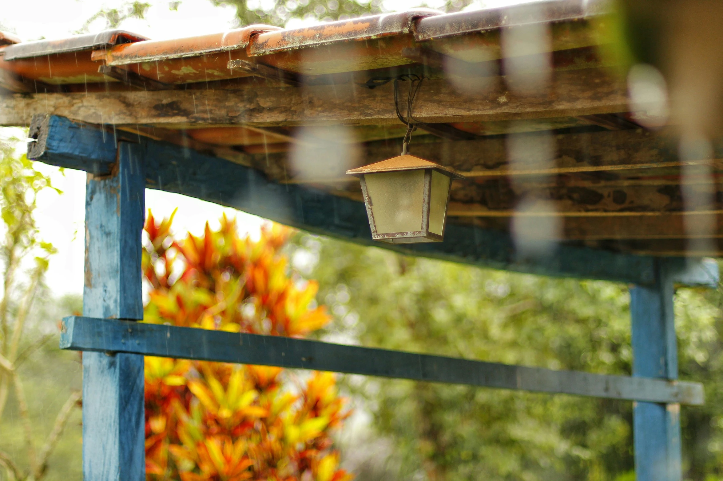 a wooden pergol with a light hanging from it, by Daniel Lieske, unsplash, roof with vegetation, square, gazebos, light rain