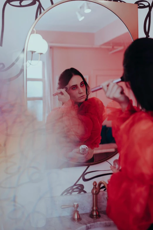 a woman brushing her teeth in front of a mirror, an album cover, inspired by Elsa Bleda, pexels contest winner, process art, wearing a red outfit, futuristic ballroom. big eyes, fashion week backstage, woman with black hair