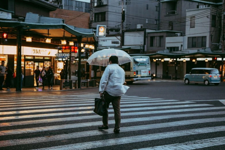 a man walking across a street holding an umbrella, inspired by Kanō Naizen, unsplash contest winner, dusty abandoned shinjuku, ethnicity : japanese, crosswalks, a person standing in front of a