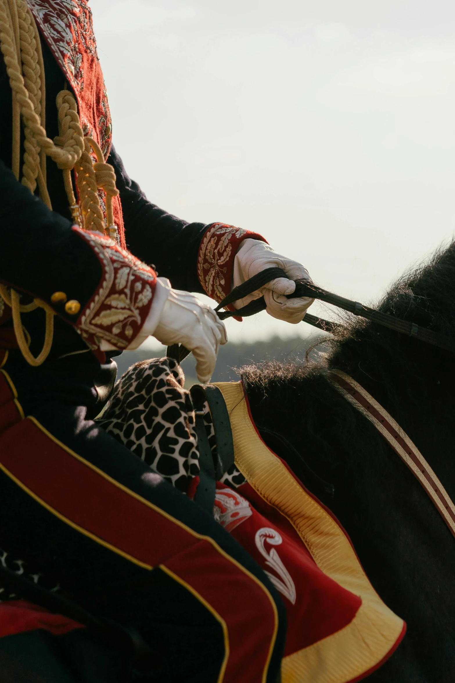 a man riding on the back of a black horse, an album cover, trending on unsplash, baroque, full dress uniform, closeup of arms, in spain, taken in the late 2010s