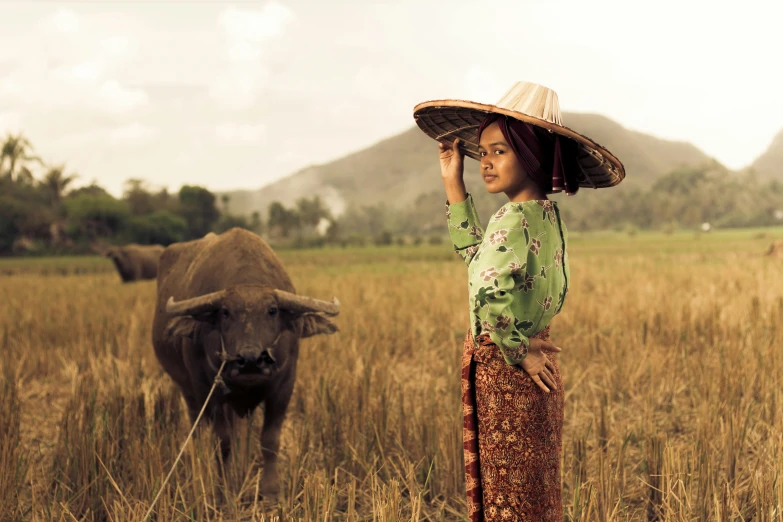 a woman standing in a field next to a water buffalo, a picture, by Jakob Gauermann, sumatraism, square, fashion, student, rice