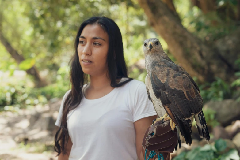 a woman holding a hawk on her arm, pexels contest winner, hurufiyya, avatar image, peruvian looking, 2 3 years old, [ cinematic