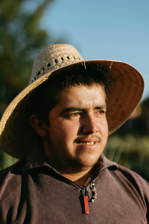 a close up of a person wearing a hat, a portrait, gorrilaz, wearing farm clothes, wide chin, sun behind him