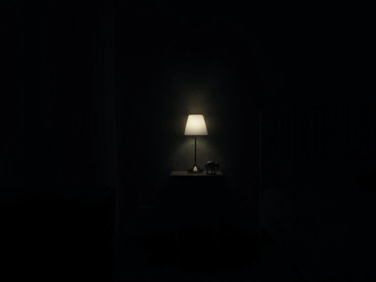 a lamp sitting on top of a table in a dark room, a picture, no lights in bedroom, middle of the night, completely empty, 3 am