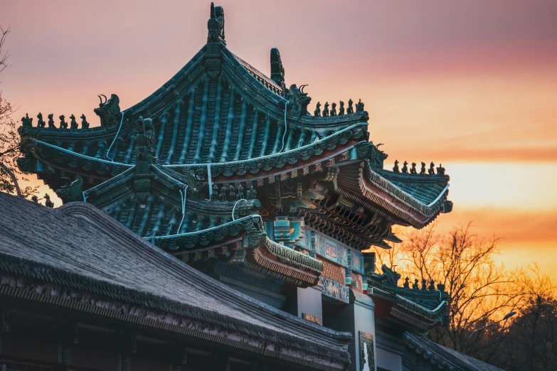 a close up of a building with a sky in the background, inspired by Wang Yi, pexels contest winner, cloisonnism, at sunset, tiled roofs, black, square