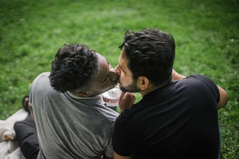 a couple of men sitting on top of a lush green field, pexels contest winner, renaissance, kissing together cutely, varying ethnicities, at a park, queer