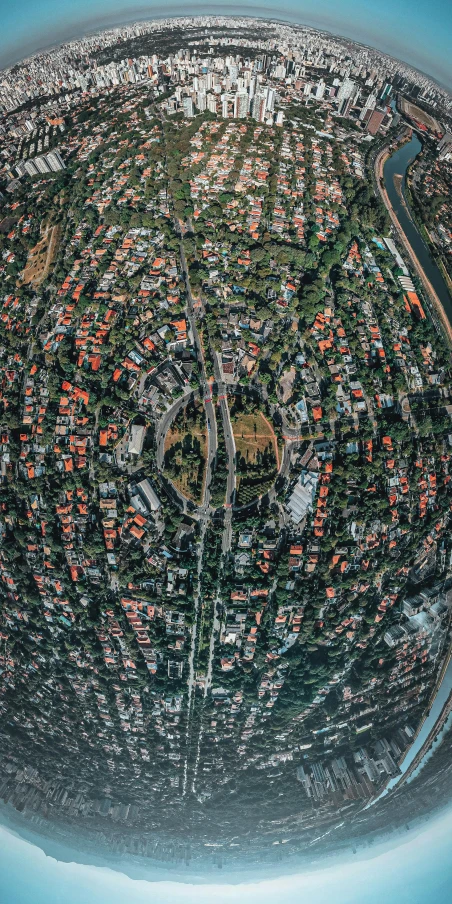 a fish eye view of a city from above, an album cover, by Tobias Stimmer, unsplash contest winner, suburbs, intricate 8 k detail, houses and roads, bird\'s eye view