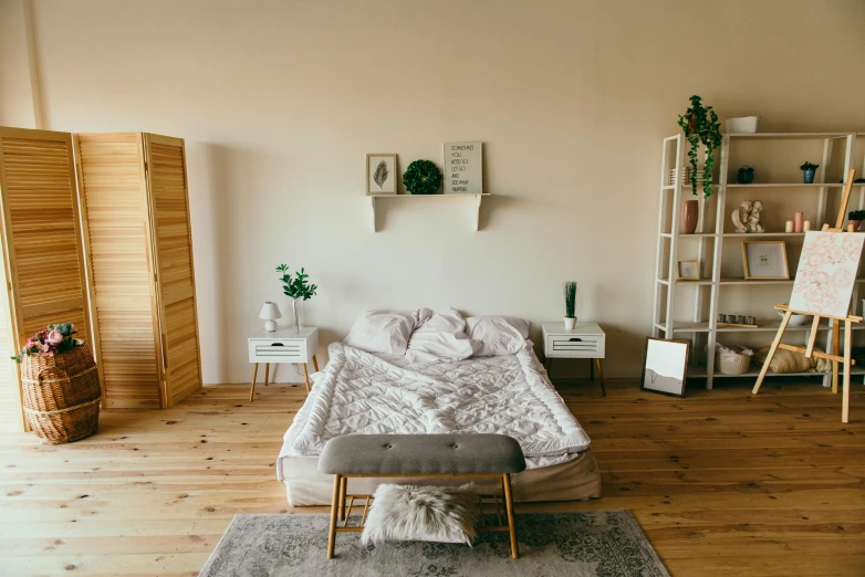 a bed sitting on top of a wooden floor, trending on unsplash, light and space, cute room, multiple stories, plain background, full-body