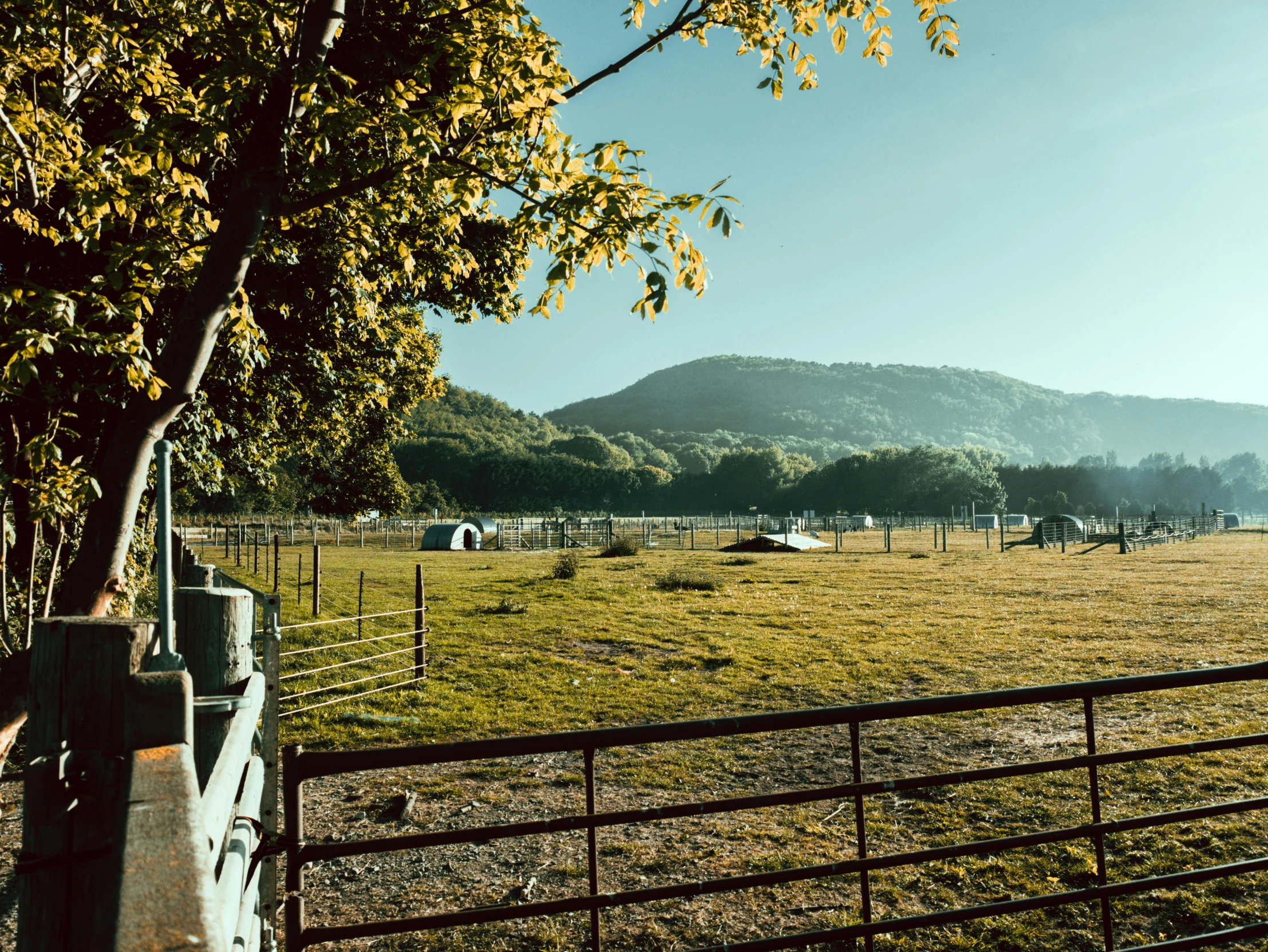 a fenced in field with a mountain in the background, glamping, cinematic image, next to farm fields and trees, clear and sunny