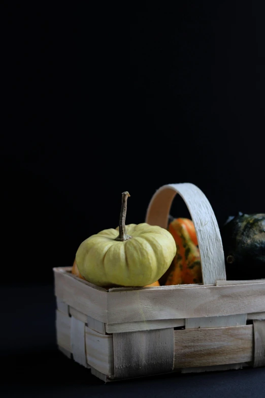 a basket filled with different types of pumpkins, a still life, by Robbie Trevino, unsplash, dark. no text, mini model, square, white