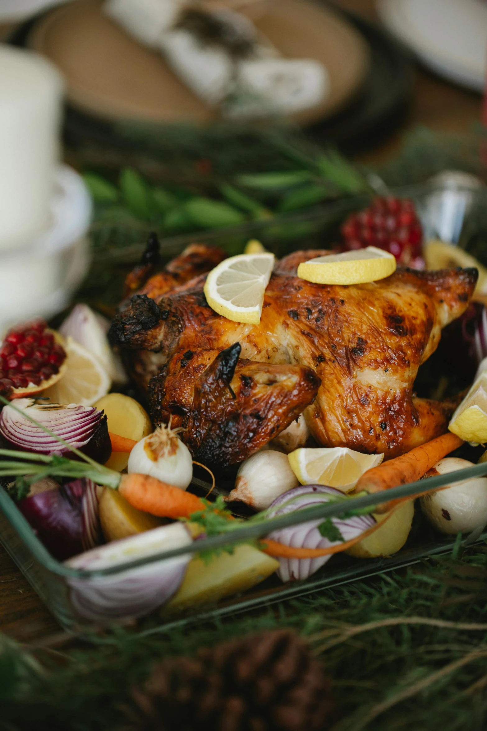 a close up of a tray of food on a table, chicken, profile image, large, seasonal