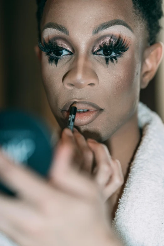 a woman brushing her teeth in front of a mirror, an album cover, by Lily Delissa Joseph, trending on pexels, happening, ru paul\'s drag race, award winning makeup, lipstick, close up face detail