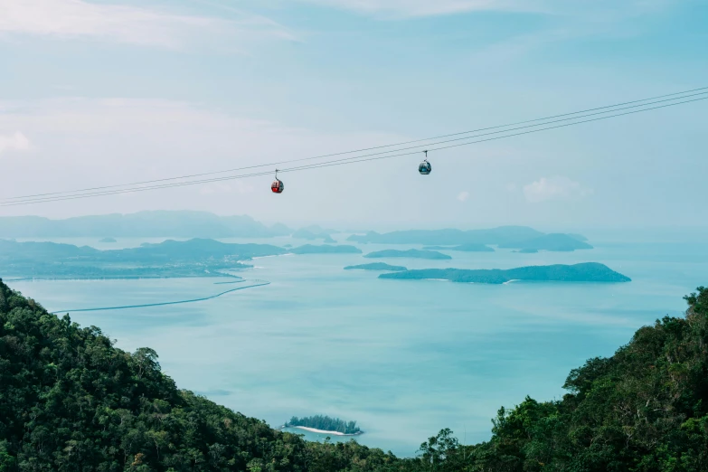 a cable car on top of a mountain next to a body of water, unsplash contest winner, sumatraism, avatar image, sky blue, flatlay, 90s photo