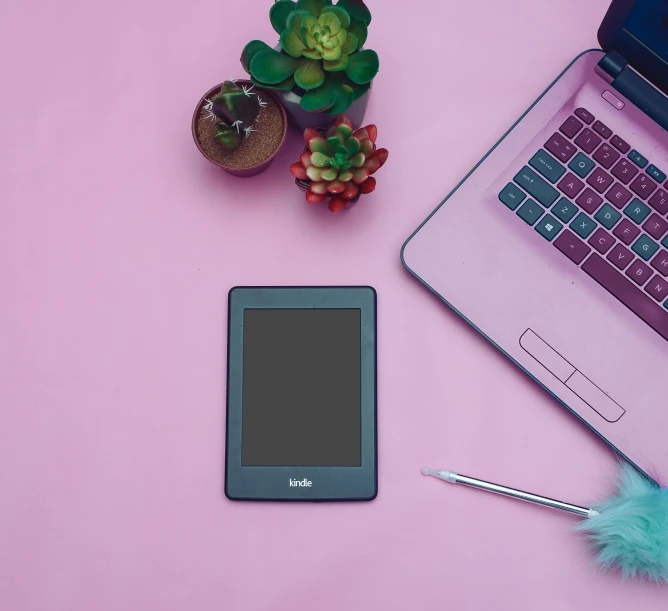 a cell phone sitting next to a laptop computer, a picture, by Carey Morris, pexels contest winner, pink accents, books and flowers, magenta and gray, small gadget