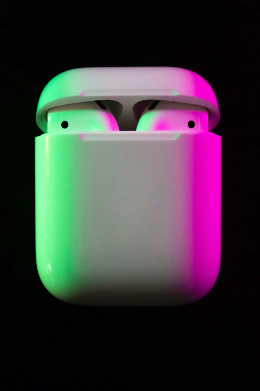 a pair of airpods lit up in the dark, pexels, holography, ((neon colors)), square, low iso, blank