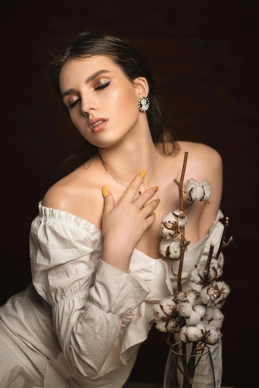 a woman in a white dress holding a flower, inspired by Alexandre Cabanel, baroque, shot with sony alpha 1 camera, jewelry, cotton, indoor picture