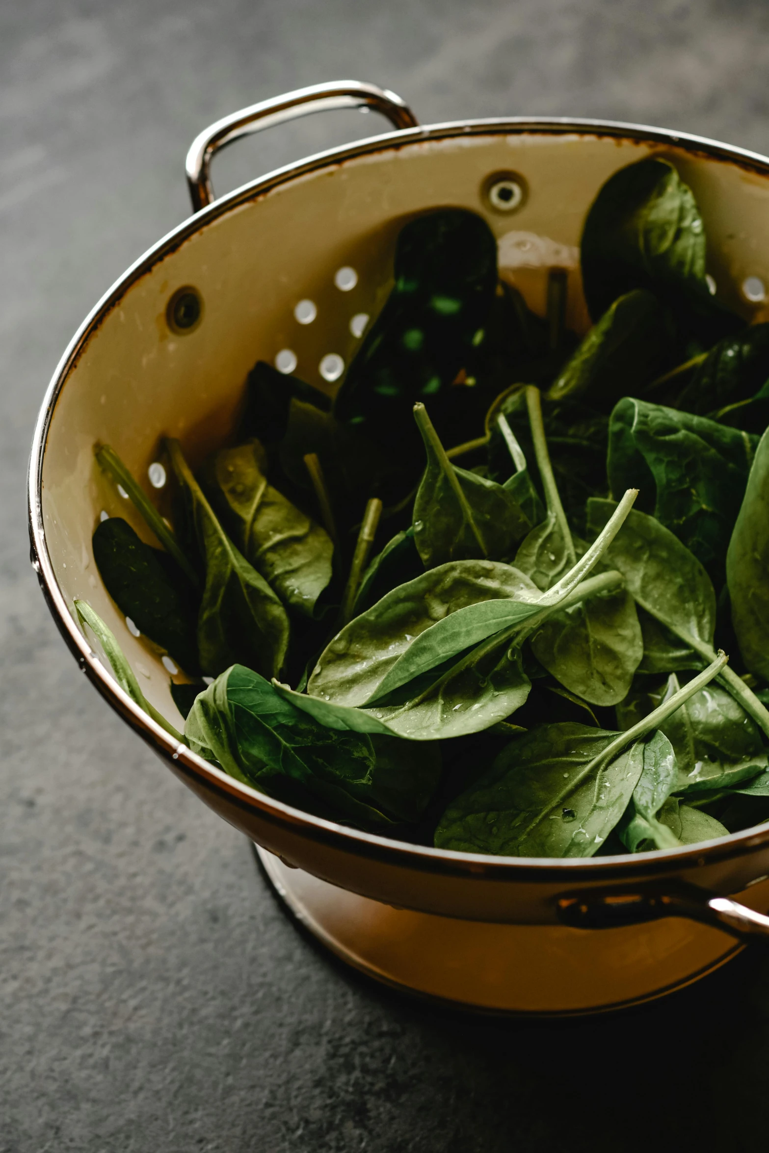 a pot filled with spinach sitting on top of a table, unsplash, renaissance, iron, dynamic closeup composition, crispy, sage