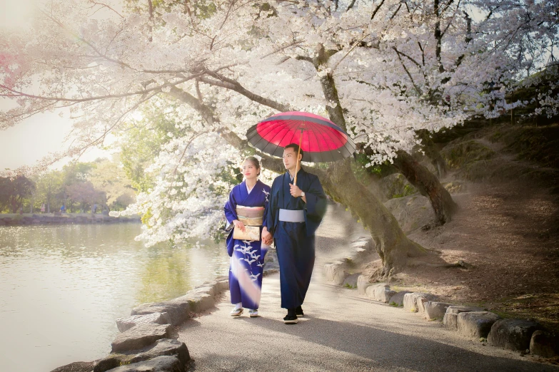 a couple of people walking next to a body of water, shin hanga, cherry trees, walking towards the camera, carrying flowers, parasols