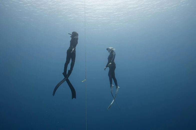 a couple of people that are in the water, bottom of ocean, hanging rope, swimming to surface, from the side