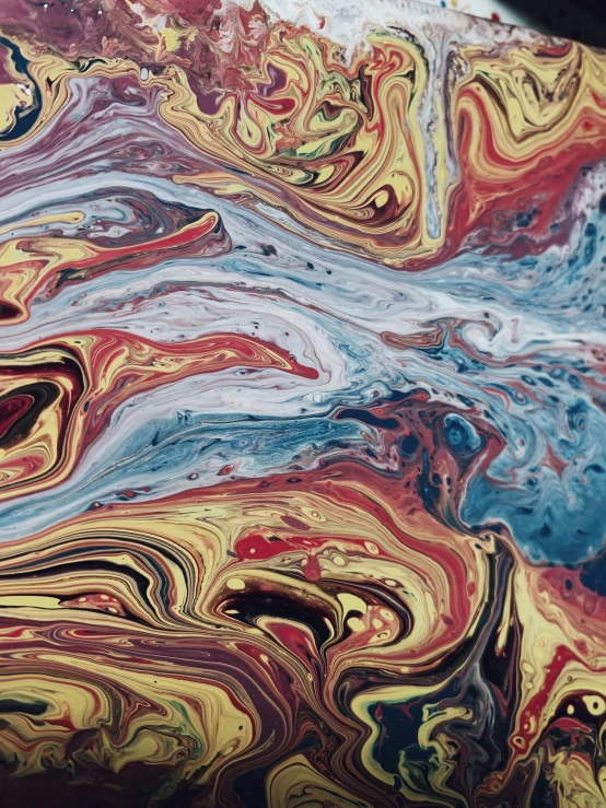 a close up of a painting on a table, inspired by Umberto Boccioni, trending on unsplash, marbled swirls, chocolate river, fluids, 8k resolution”