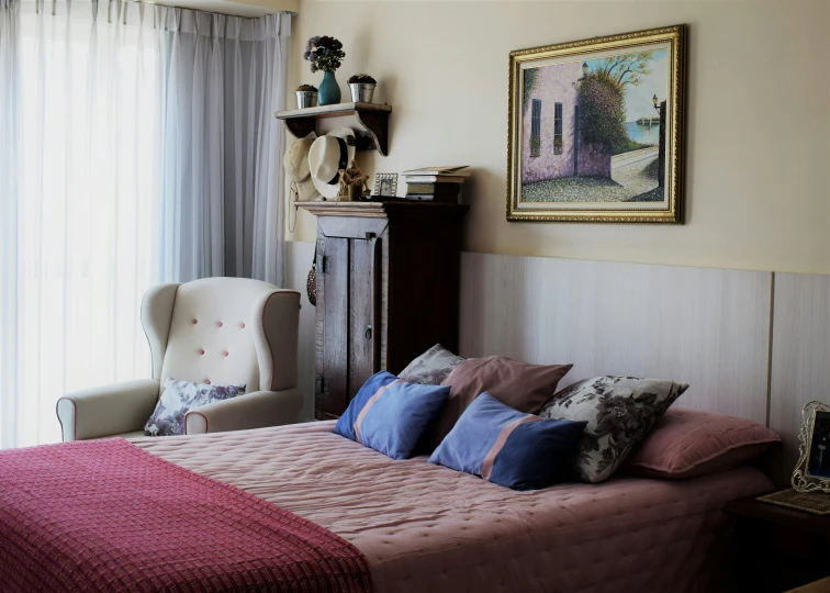 a bed sitting in a bedroom next to a window, a portrait, inspired by Harriet Backer, unsplash, blue and pink accents, nursing home, french provincial furniture, wine-red and grey trim