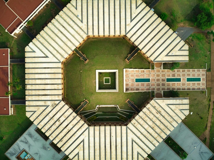 a bird's eye view of a tennis court, an album cover, pexels contest winner, islamic architecture, lawn, pentagon, infinite library