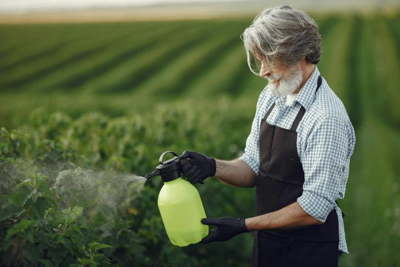 a man spraying a plant with a sprayer, by Paul Bird, shutterstock, wearing an apron, light green mist, brown, [ organic