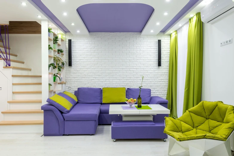 a living room filled with purple and green furniture, trending on pexels, light and space, white ceiling, yellow purple, design only, futuristic decoration