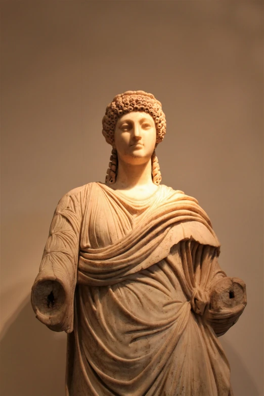 a statue of a woman with long hair, inspired by Albert Joseph Moore, neoclassicism, 3rd century bc, wearing simple robes, smirking, preserved museum piece
