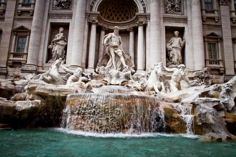 a fountain with statues in front of a building, pexels contest winner, neoclassicism, multiple waterfalls, michael angelo, 💋 💄 👠 👗, draped with water and spines