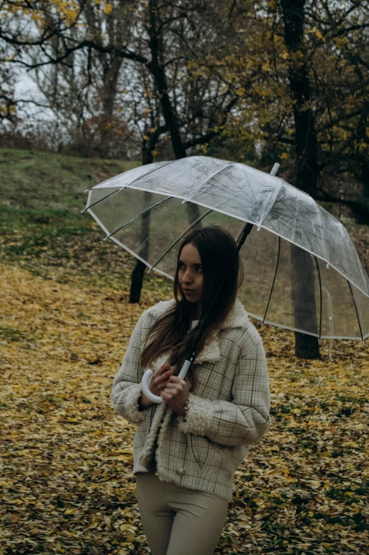 a woman standing in a field holding an umbrella, an album cover, inspired by Elsa Bleda, pexels contest winner, brunette, in a city park, late autumn, gif