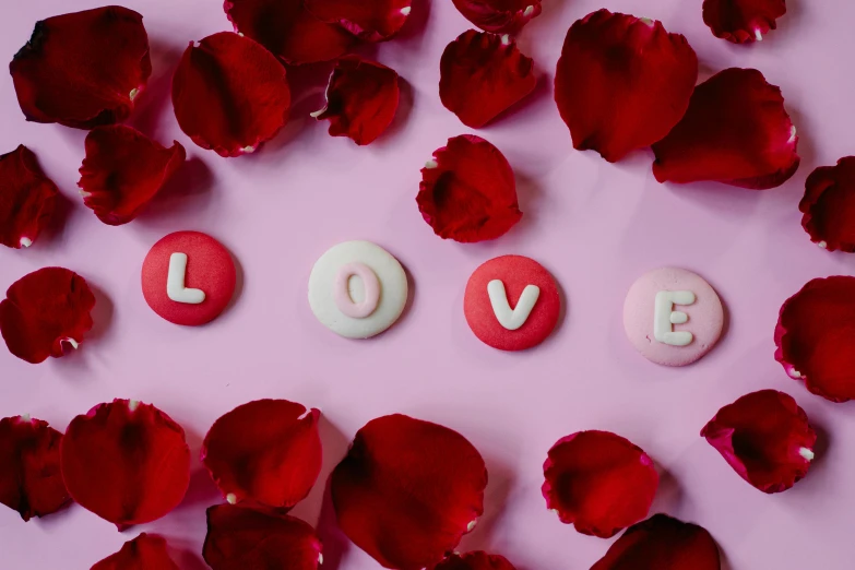 the word love spelled in white letters surrounded by red rose petals, by Julia Pishtar, trending on pexels, candy treatments, pink background, background image, indi creates