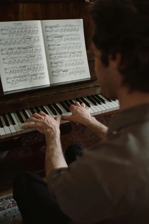 a man that is sitting in front of a piano, by Daniel Seghers, pexels, multiple stories, movie filmstill, promo image, sheet music