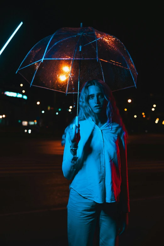 a woman holding an umbrella in the dark, inspired by Elsa Bleda, unsplash contest winner, portrait of kim petras, hypersaturated, medium, light show