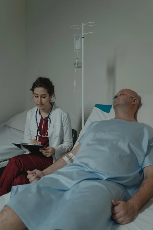 a man laying in a hospital bed next to a woman, a photo, calmly conversing 8k, digital image, stethoscope, multiple stories