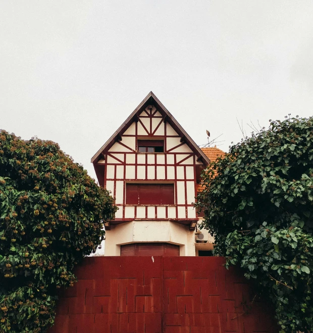 a red fire hydrant sitting in front of a house, a photo, by Andrée Ruellan, unsplash, art nouveau, timbered house with bricks, hedge, 1980s photo, perfectly symmetrical