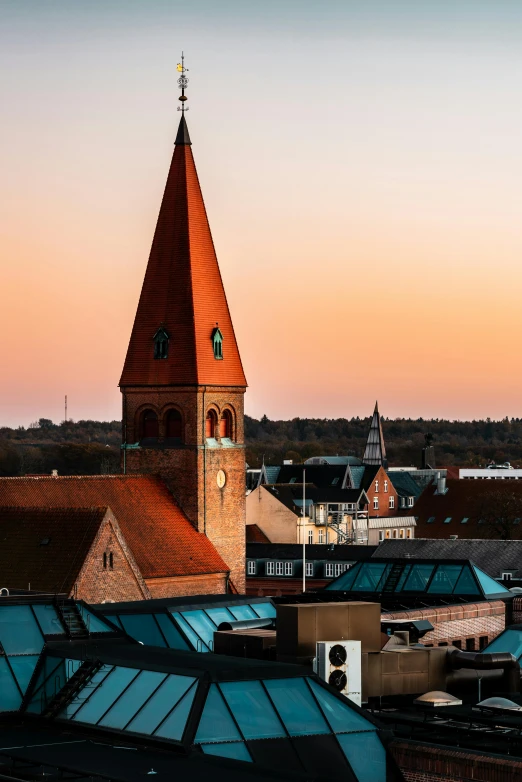 a large clock tower towering over a city, by Sebastian Spreng, sun down golden hour, eldenring, red roofs, lead - covered spire