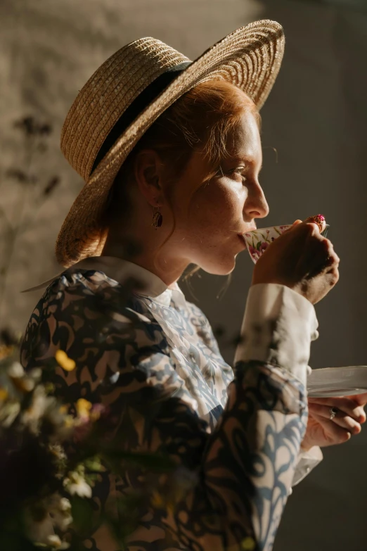 a woman in a straw hat eating a piece of cake, inspired by Jules Bastien-Lepage, pexels contest winner, renaissance, made of dried flowers, ( redhead, drinking and smoking, backlit