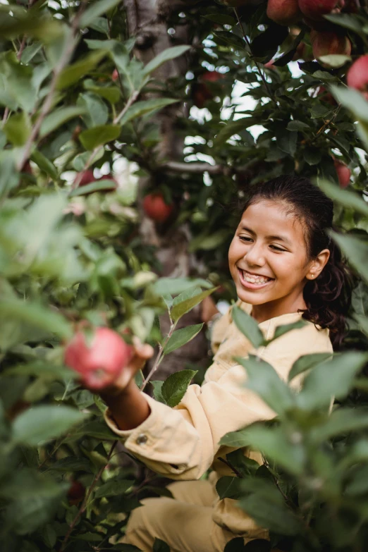 a woman picking apples from a tree, pexels contest winner, smiling girl, hispanic, farming, full frame image