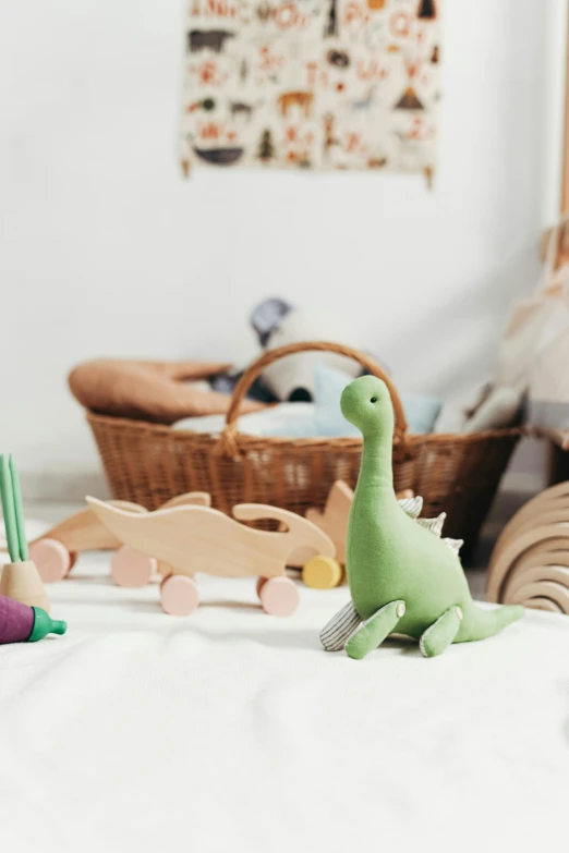 a child's bedroom with toys on the bed, a child's drawing, trending on pexels, dinosaur wooden statue, greens), sauroform hybrid, product shot