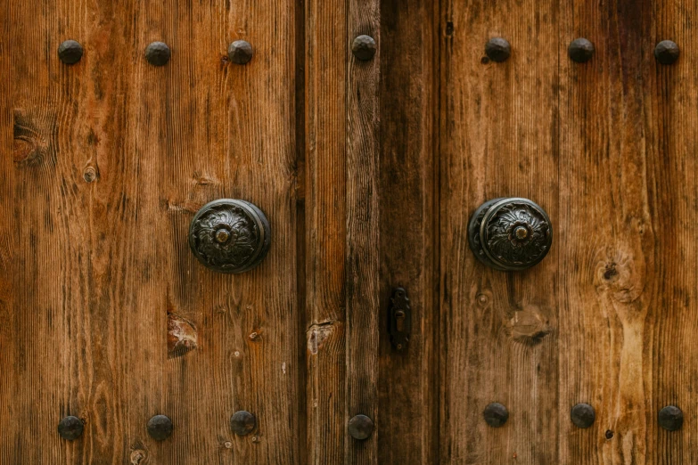 a close up of a wooden door with metal knobs, by Sven Erixson, pexels contest winner, renaissance, homemade, alessio albi, decorated polished wood, wooden banks