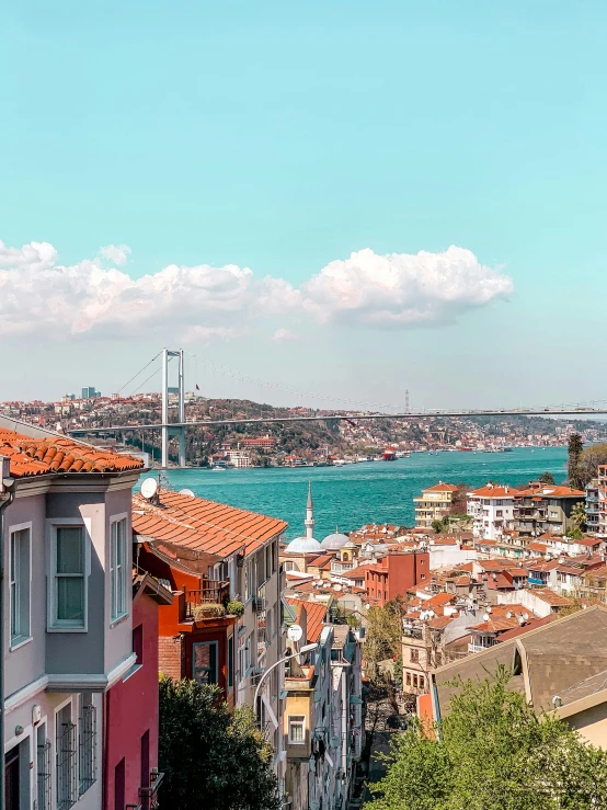 a view of a city from the top of a hill, a colorized photo, inspired by Niyazi Selimoglu, pexels contest winner, 🚿🗝📝, waterfront houses, on a bright day, today\'s featured photograph 4k